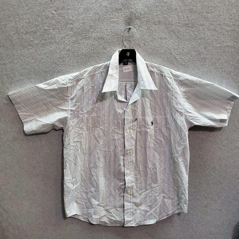 VINTAGE Polo Jeans Co Men Button Up Shirt XL White Striped Logo Embroidered